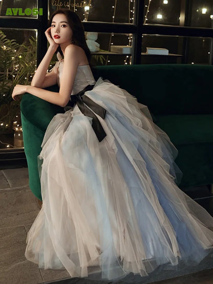AyLosi 2024 Women's Banquet Party Dresses Sexy Sleeveless Slanted Shoulder Lace Bow Belt Skirt Prom Dress for Women Vestidos