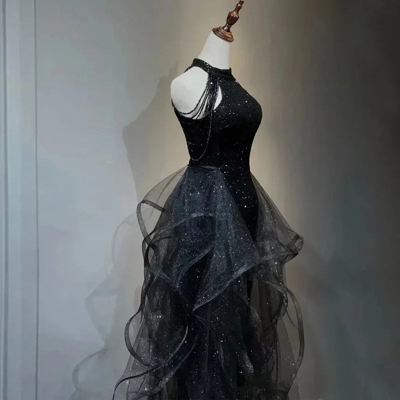 Maxi Dresses For Women Evening Party Black Sequin Sleeveless Ruffles Slim Fit Solid Retro Lace Skirts Fashion Women's Prom Dress