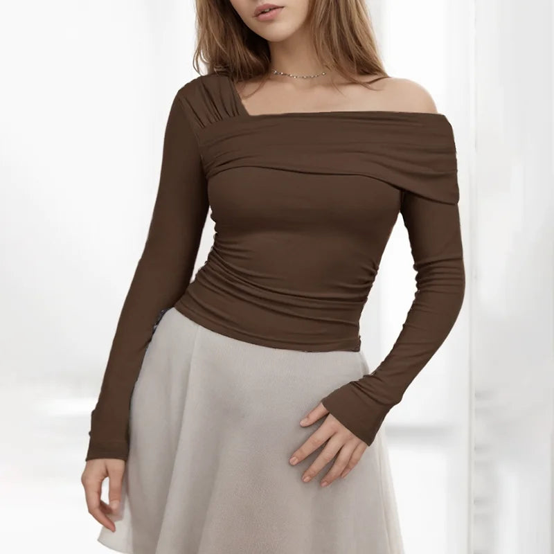 CUTENOVA Women Basic Solid Undershirt Slash Off Shoulder Full Sleeve Shirt Shrunk Soft T-Shirt Autumn Versatile Street Daily Top