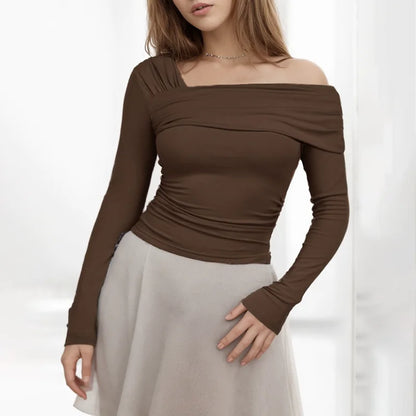 CUTENOVA Women Basic Solid Undershirt Slash Off Shoulder Full Sleeve Shirt Shrunk Soft T-Shirt Autumn Versatile Street Daily Top