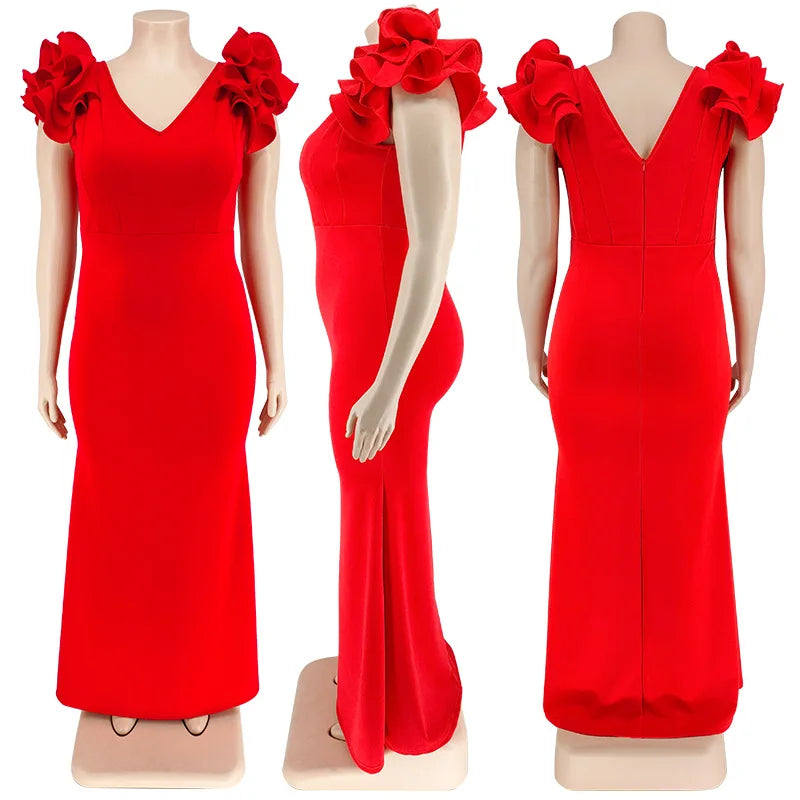 Plus Size Chubby Party Dress Female Ruffle Sleeve Vestido Elegant Wedding Long Robe 2023 Women Luxury Pretty Evening Dress