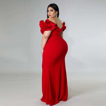 Plus Size Evening Dress Elegant Lady Ruffle Red Black Sexy Backless Large Sizes Women Party Formal Maxi Long Dresses Summer