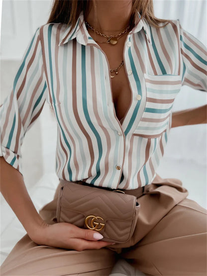 Elegant Women Blouse Spring and Autumn Temperament Top Long Sleeve Stripe Print Office Slim Fit Pocket Shirt