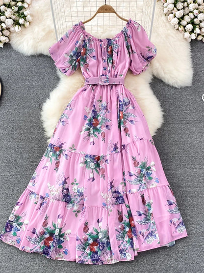 Summer Women Floral Chiffon Dress Vacation Beach Vestidos Female Elegant Slash Neck High Waist A-Line Midi Robe Bohemian New