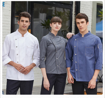 Chef Jacket Men Women Denim Long Sleeve Restaurant Waiter Uniform Kitchen Cook Coat