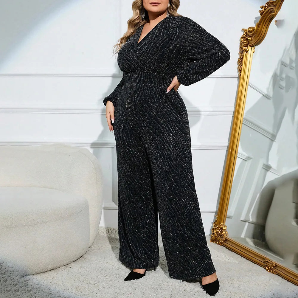 Women Plus Size Jumpsuits Fashion Versatile Jumpsuit Pants Large Size Female V-neck Wide-legged Long-sleeved Velvet Jumpsuit New
