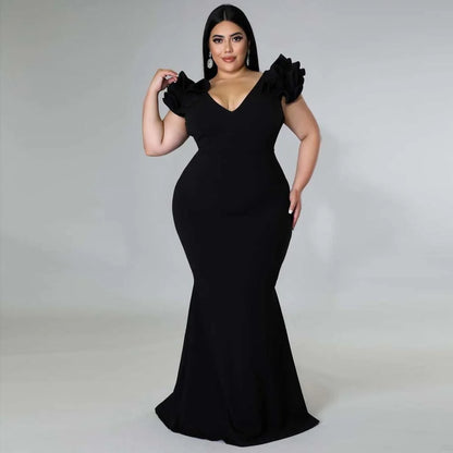 Plus Size Evening Dress Elegant Lady Ruffle Red Black Sexy Backless Large Sizes Women Party Formal Maxi Long Dresses Summer