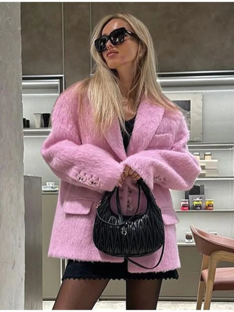 Lapel Collar Plush Pink Coats For Women Fashion Long Sleeves Single Breasted Loose Jackets Autumn Winter Female Packet Overcoat