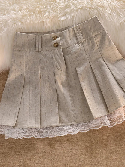 2024 Korean Fashion Khaki Short Skirt Lace Trim Cute Pleated Skirts Womens Preppy Style Button Up High Waist Summer Mini Skirt