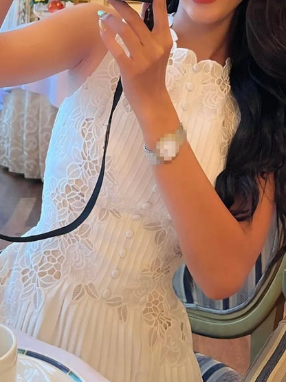 Dresses Women 2024 New Fashion White Sleeveless Summer Dress Ladies Lace Rose Embroidery Flower Elegant Long Dresses Vestidos