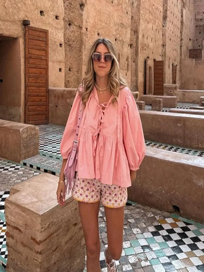 Hollow Out Lace Up Shirts Women Bow Elegant Puff Long Sleeves Lady Blouse 2024 Spring Summer New Print O-neck Fashion Female Top