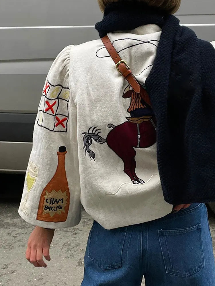 Fashion Embroidery Short Coat For Women Half High Collar Single Breasted Jacket 2024 Spring Elegant Loose Overcoat Female