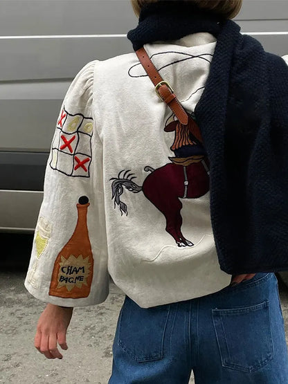 Fashion Embroidery Short Coat For Women Half High Collar Single Breasted Jacket 2024 Spring Elegant Loose Overcoat Female