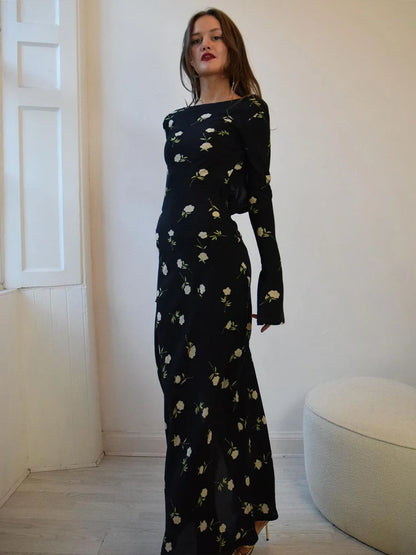 JULISSA MO Ladies Chiffon Floral Print Long Sleeve Backless Maxi Dress High Split Elegant Slim Evening Dress  Autumn Outfits