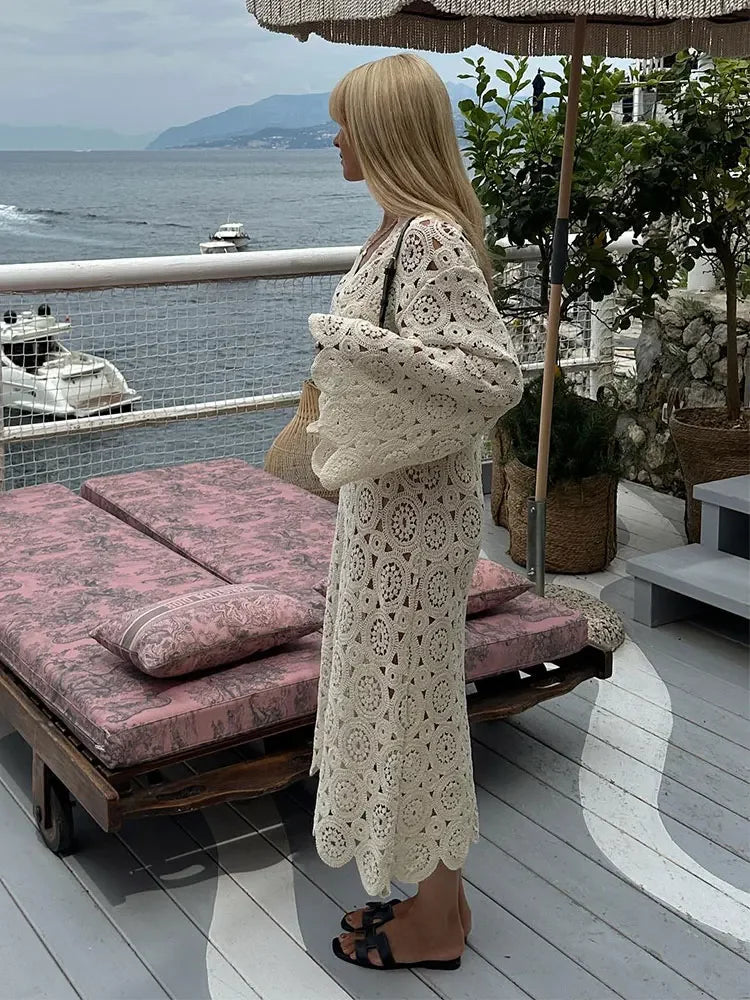 Sexy Hollowed Out Flare Sleeve Midi Dress Women Fashion Loose V Neck Solid Vestidos 2024 Elegant Beach Party Female Robes