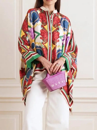 Bonboho 2024 Women Fashion Shirt & Blouses Spring Summer Loose Floral Printed Batwing Sleeve Buttoned T-shirt Pleated T-shirt