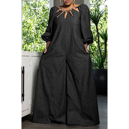 Plus Size Daily Jumpsuit Black Denim Metal Rings Long Sleeves Wide Leg Jumpsuit ( Without Belt )