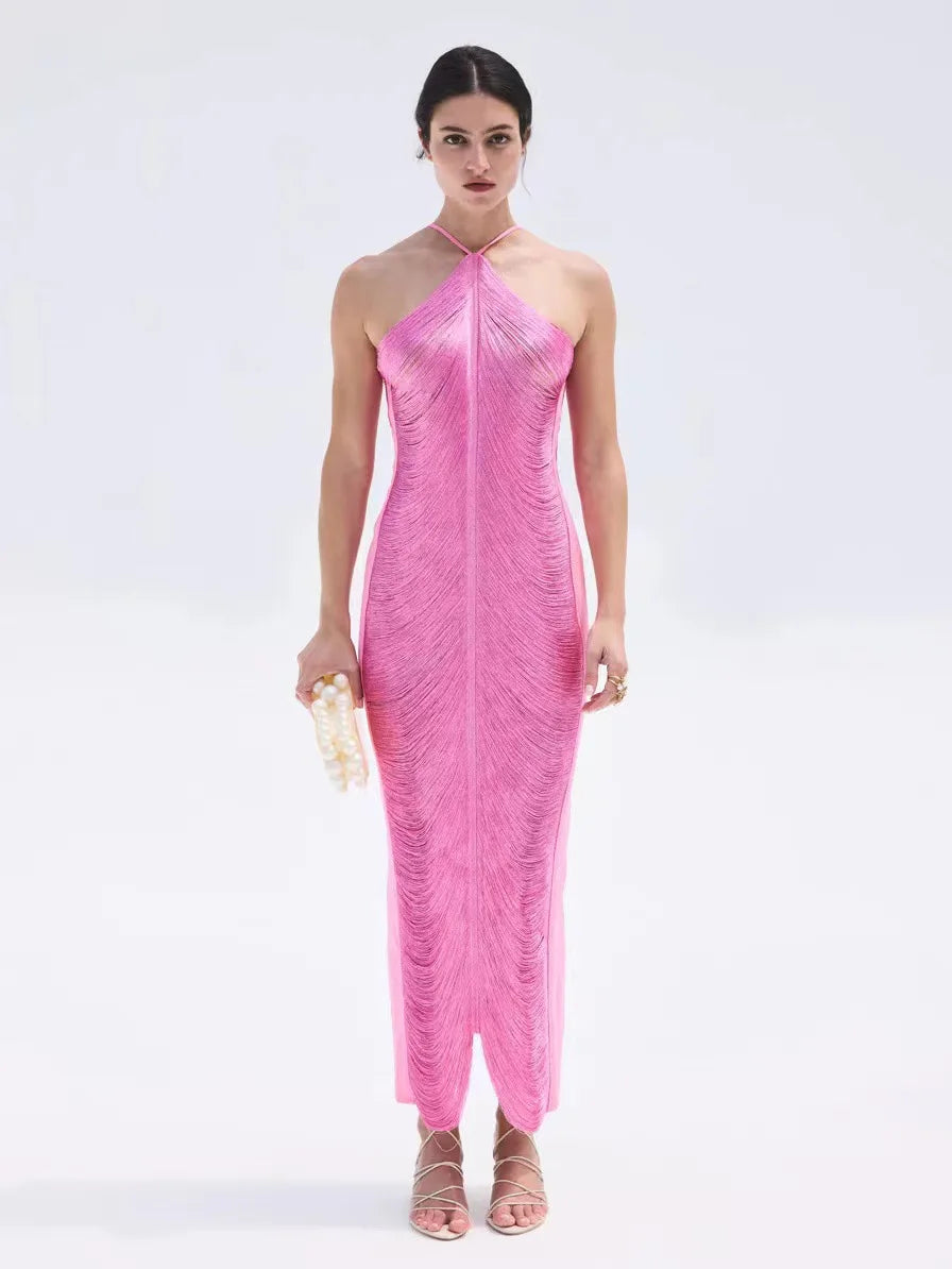 Sexy Halter Tassel Maxi Dress Women Shinny Off Shoulder Backless Party Club Bodycon Dresses Fashion Long Vestidos Lady Outfits