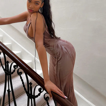 049 Sleeveless Printed Sexy Dress Women Backless Strap Long Sheath Female Party Evening Dresses