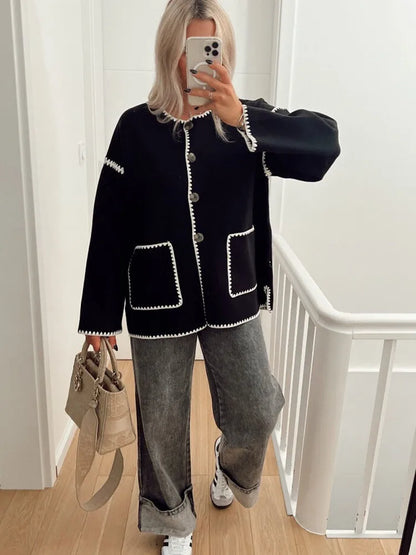 Women Round Neck Patchwork Coat Long Sleeve Single Breasted Pocket Jackets Autumn Fashion Female Streetwear Outwears