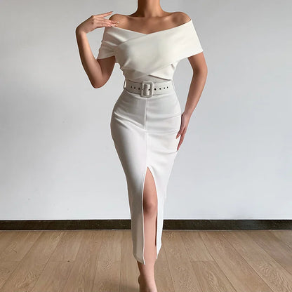 Women Elegant Commuter Wrap Hip Dresses Belt Included Crossover V Neck Off The Shoulder Gown Female Split Hem Pencil Dress 2024