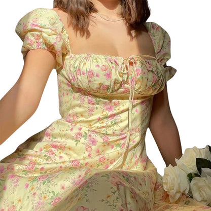 Women s Dress Puff Short Sleeves Lace Up Chest Floral Printed High Splitting Long Skirt for Female