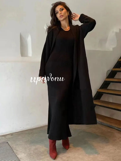 Casual Solid Knitted Sweater Long Dress Set Women Long Sleeve Loose Long Cardigan Coat&Sleeveless Mid length Dress Two Piece Set