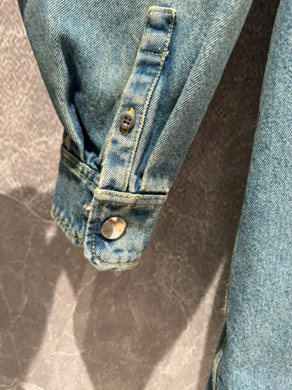 2024 Spring/Summer New American Vintage Turndown Collar Oversize Loose Long sleeved Long Shirt Washed Denim Coat woman tops