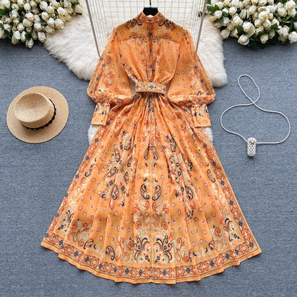 Chic Elegant Print patchwork Long Sleeves Single Breasted Dress A-line High Waist Vacation Party Women French Autumn Vestidos
