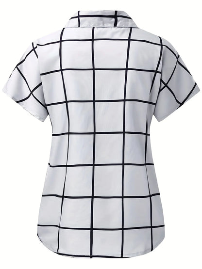 Fashion Plus Size Women's Summer Checkered Printed Pocket Shirt V-Neck Short Sleeve Top