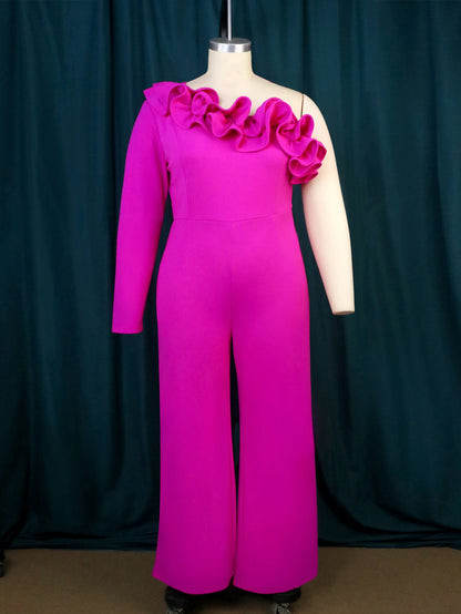 4XL Women Jumpsuits Plus Size Rose Red One Shoulder Bodycon High Waist Long Sleeve Evening Party Rompers Overalls for Ladies
