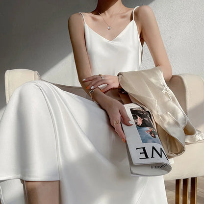 Womens Sexy V Neck Satin Faux Silk Long Dress Evening Paty Club Cocktail Sling Sleeping Female Sleeveless V-Neck Nightgowns
