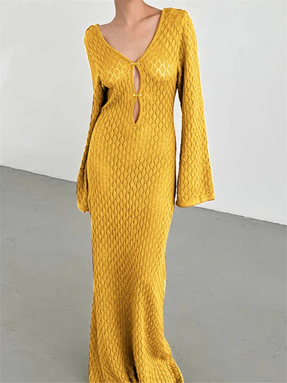 Women Long Knit Dress Solid Color Hollow Out Deep V-Neck Long Sleeve Backless Dress Beach Club Sexy Elegant See Through Dresses