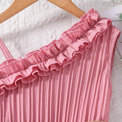 2024 New Summer Dress Pink White Sleeveless Skirt With Diagonal Lace &Belt Fashion Vacation Party Daily For 4-12Ys Kids Outfit