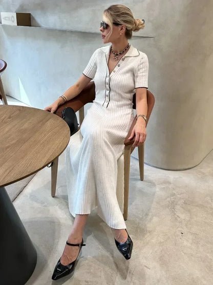 DAENERYS RES Spring Summer Fashion Women Dresses Knitting Short Sleeve Office Lady Chic Casual Lapel High Street Vestidos 2024