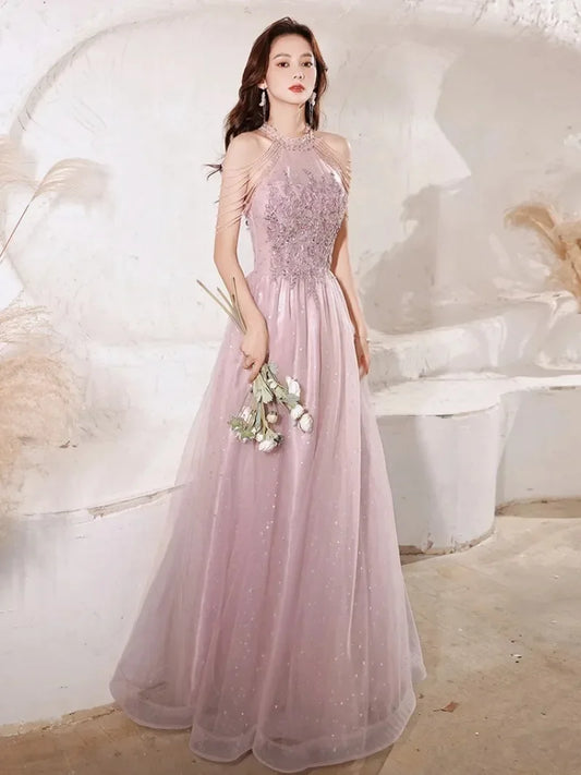 Princess Style Prom Dresses for Women Beading Tassel Solid Halter Sleeveless Skirt Elegant Ladies Party Dress Vestidos Female
