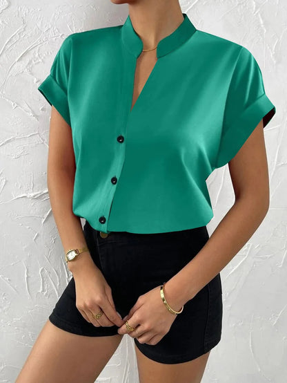 Casual V Neck Solid Shirt Blouse Office Lady Spring Summer Fashion Elegant Short Sleeve Slim Shirts For Women  White Tops
