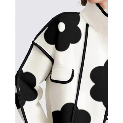Stand Collar Women Printed Patchwork Jackets Fashion Black Flower Button-up Lady Coat Long Sleeves Autumn Outerwear 2023 New