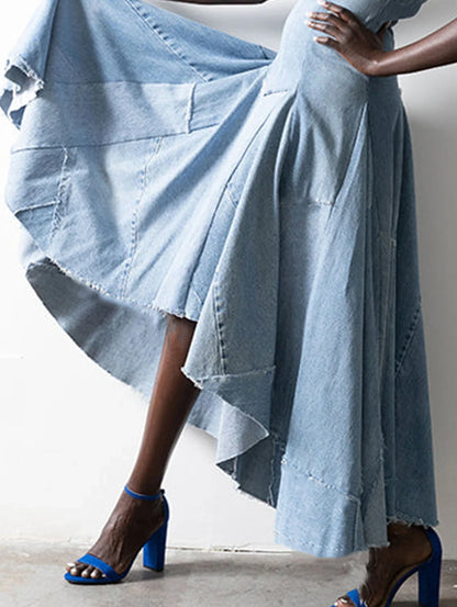 Denim Long Dress Fashion Plain Sleeveless Patchwork Asymmetrical Hem Pleated Party Club Vintage Plus Size Female Tank Dresses