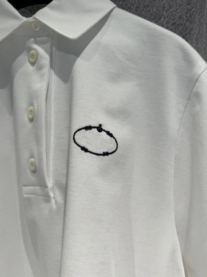 2024 Early Spring White Embroidered Knitted Cotton Turndown Collar Short sleeved Polo Shirt Women loose blouse tops t-shirt