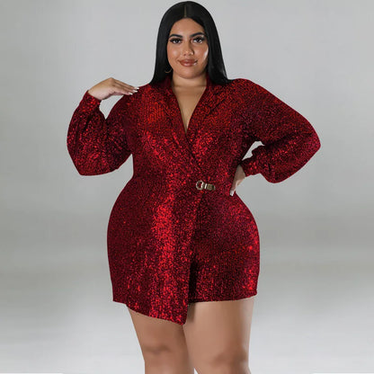 Plus Size Sequin Party Jumpsuit Female Irregular Belt Cloth Women One Piece Outfit Solid Short Pant 2023 Autumn Elegant Jumpsuit