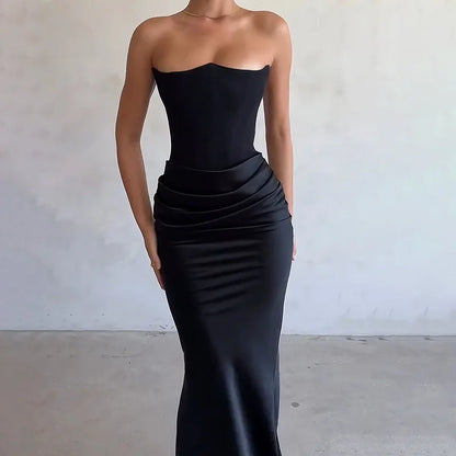 Elegant Strapless  Sexy Dress Women Black Fashion Off-shoulder Sleeveless Backless Club Party Long Dress XY23566DG