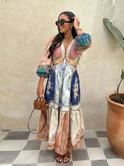 Fashion Puff Sleeve Color Block Print Dress for Women Sexy V Neck Button High Waist Vestidos 2024 Female Vacation Street Robes