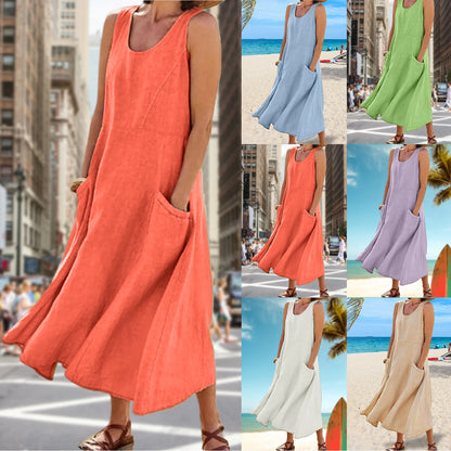 Summer Sleeveless Sundress Round Neck Pockets Loose Dresses European Fashion Casual Breathable Cotton Linen for Weekend Vacation