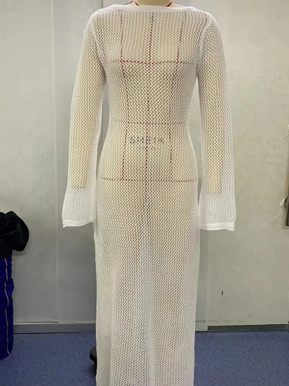 Long Sleeve Knit Beach Dress Women Sexy See Through Slim Maxi Dress Summer Elegant Solid Backless Long Dress Holiday Outfit 2024