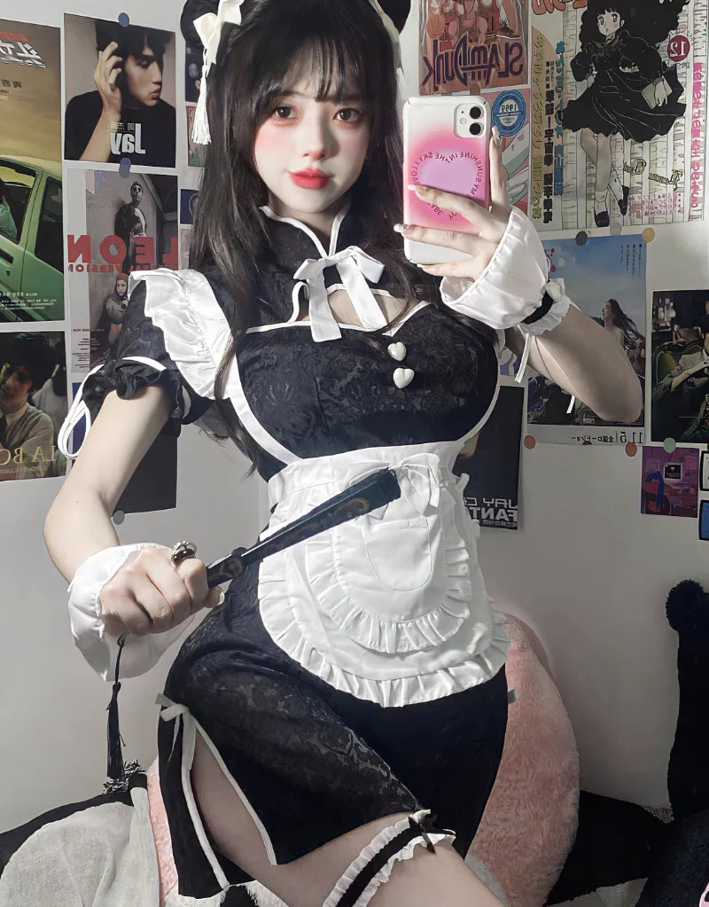 Chinese Cheongsam Halloween Maid Dress Gothic Lolita Waitress Role Play Costumes Women Love Live Cosplay Student Party Uniform