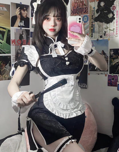 Chinese Cheongsam Halloween Maid Dress Gothic Lolita Waitress Role Play Costumes Women Love Live Cosplay Student Party Uniform