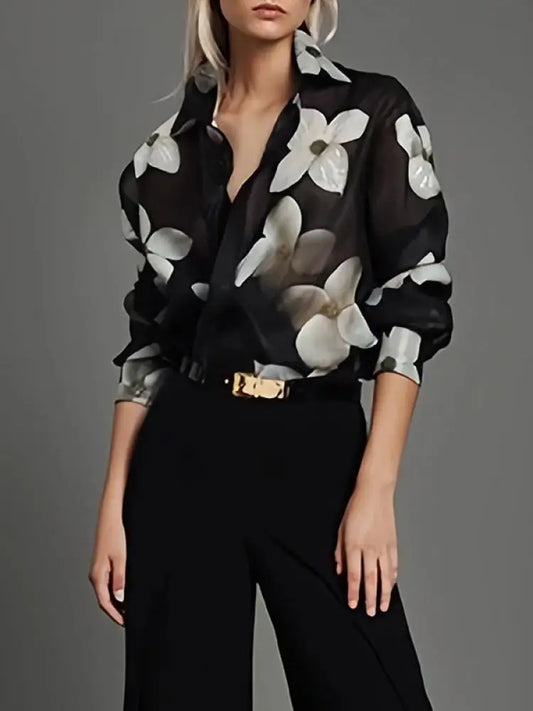 Lemongor 2024 New Women British Style Floral Printed Lapel Blouses Spring Summer Long Sleeves Loose Casual Elegant Shirts Tops