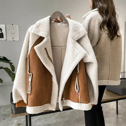Autumn Winter Women's Coats 2023 New Casual Loose Patchwork Outerwear Korean Vintage Crop Pockets Lambhair Jacket Women