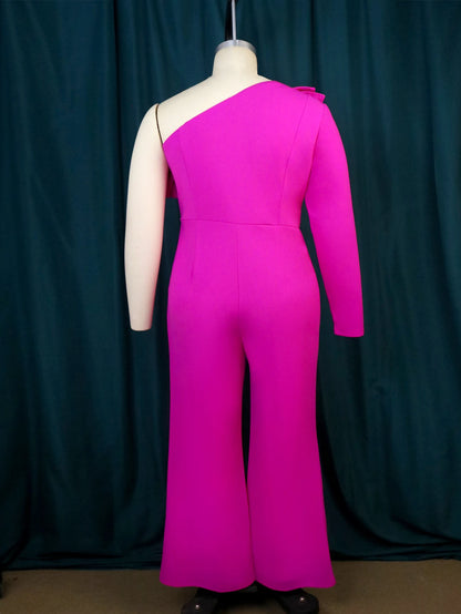 4XL Women Jumpsuits Plus Size Rose Red One Shoulder Bodycon High Waist Long Sleeve Evening Party Rompers Overalls for Ladies